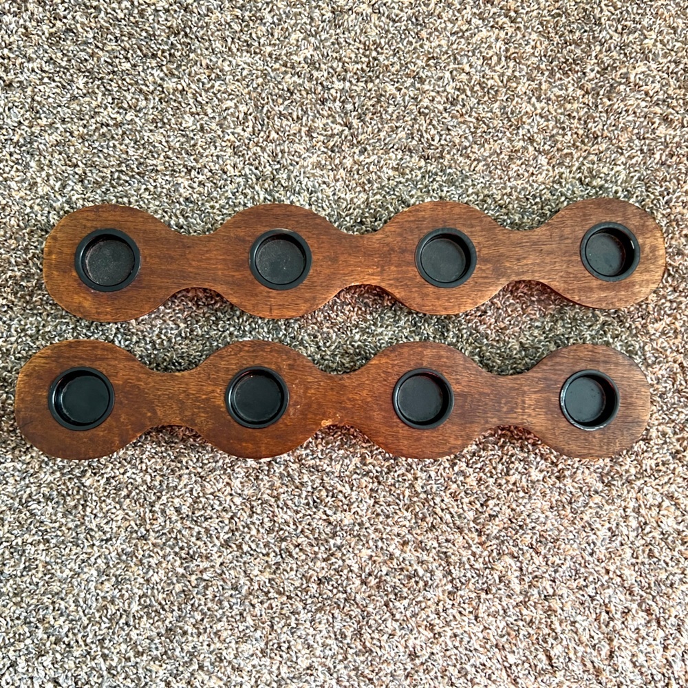 Vintage Brown Wooden Candle Holders with Black Inserts